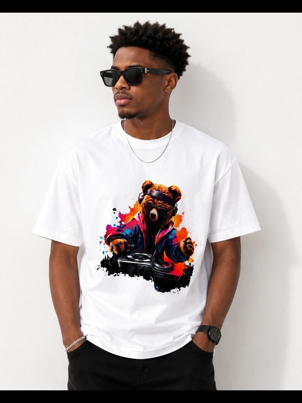 DJ Bear Graphic Men's White Crewneck T-Shirt